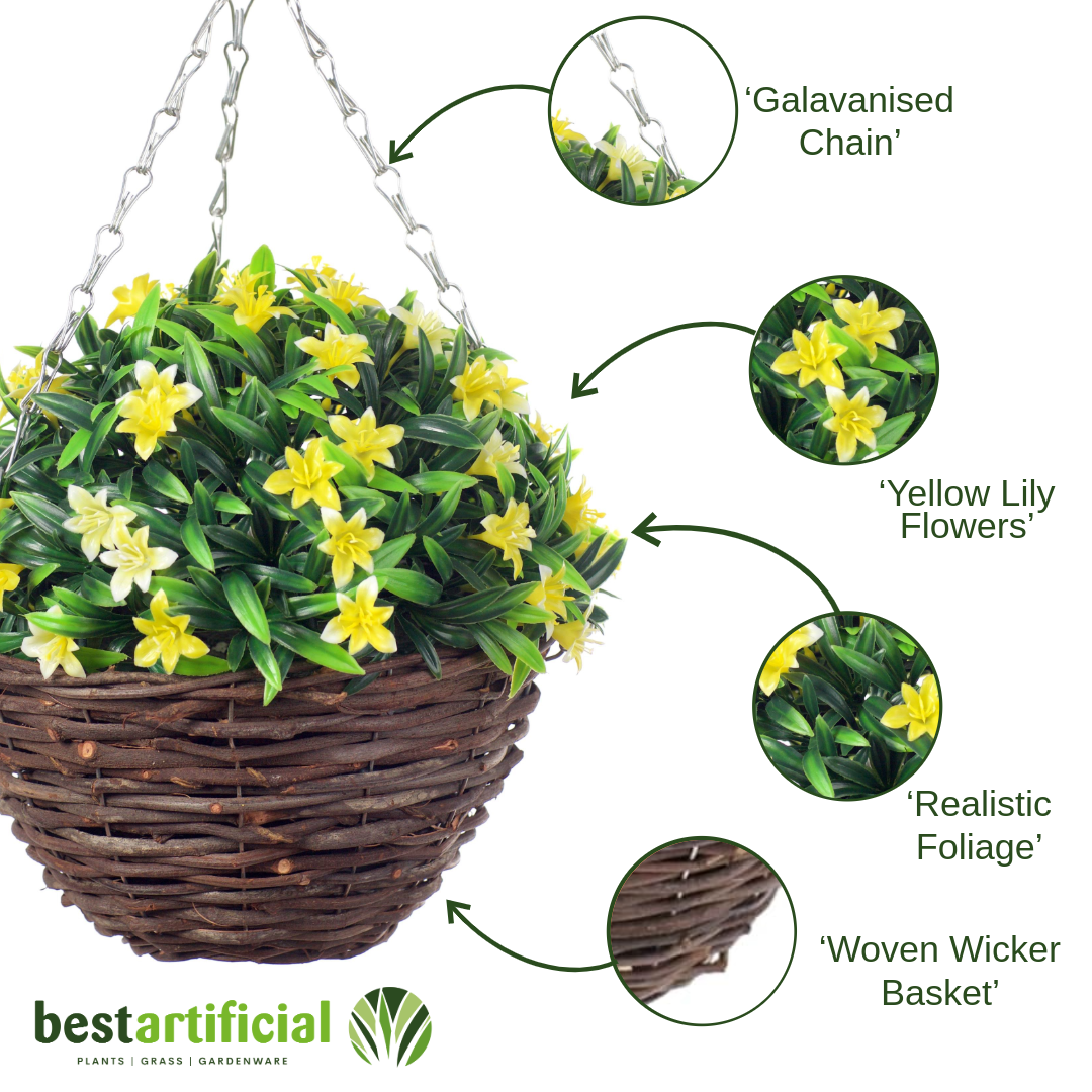Best Artificial 23cm Lily Hanging Basket - Suitable for Outdoor Use - Weather Resistant (Yellow)