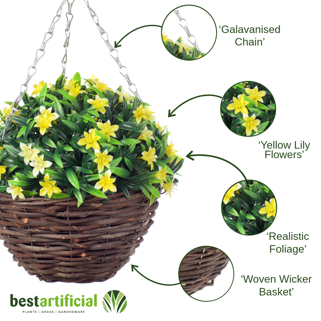 Pair Of Best Artificial 23cm Lily Hanging Baskets - Suitable for Outdoor Use - Weather Resistant (Yellow)