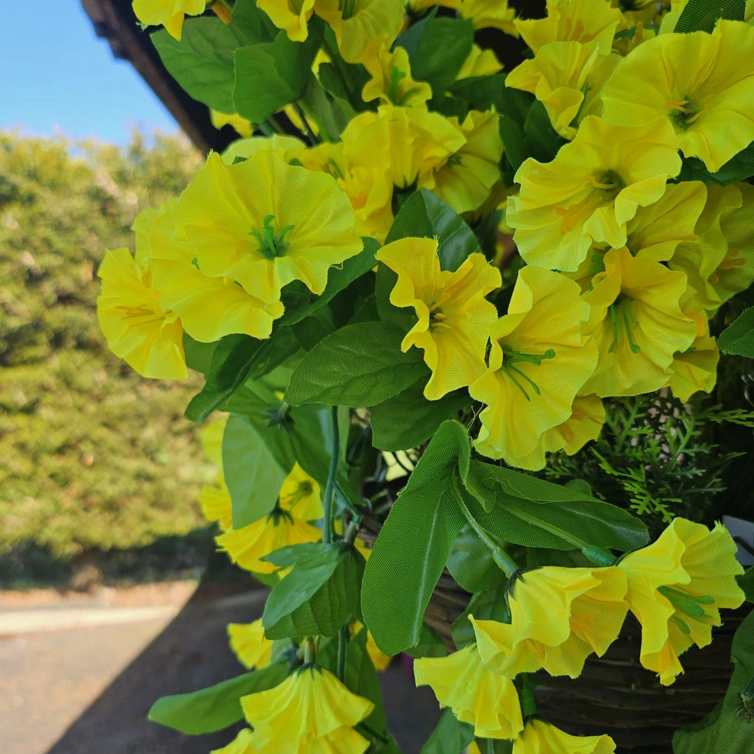 Best Artificial 60cm Morning Glory Flower Display in 10" Round Wicker Rattan Basket - Suitable for Outdoor, Indoor and Garden (Yellow)