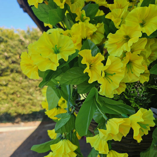 Best Artificial 60cm Morning Glory Flower Display in 10" Round Wicker Rattan Basket - Suitable for Outdoor, Indoor and Garden (Yellow)