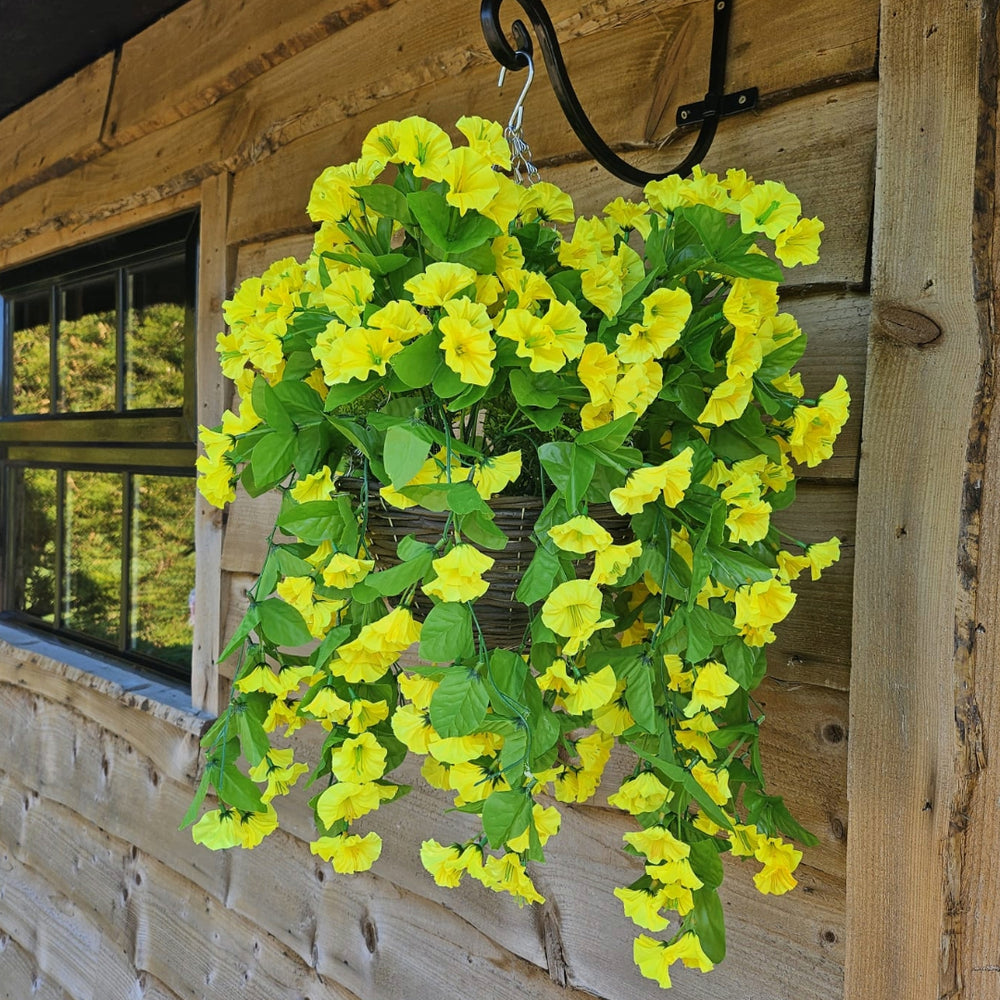 Best Artificial 60cm Morning Glory Flower Display in 10" Round Wicker Rattan Basket - Suitable for Outdoor, Indoor and Garden (Yellow)