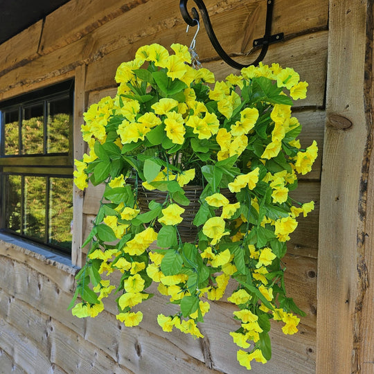 Best Artificial 60cm Morning Glory Flower Display in 10" Round Wicker Rattan Basket - Suitable for Outdoor, Indoor and Garden (Yellow)