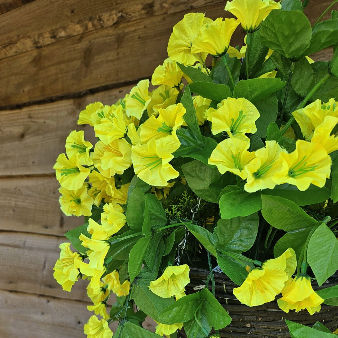Best Artificial 60cm Morning Glory Flower Display in 10" Round Wicker Rattan Basket - Suitable for Outdoor, Indoor and Garden (Yellow)