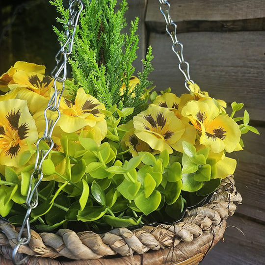 Best Artificial 10 Inch Pansy Spring Hanging Basket with Greenery and Conifer Centre