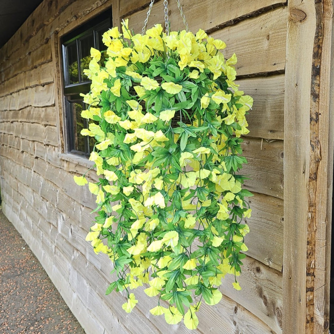 Best Artificial 75cm Morning Glory Flower Display in 10" Round Wicker Rattan Basket - Suitable for Indoor and Garden (Yellow)