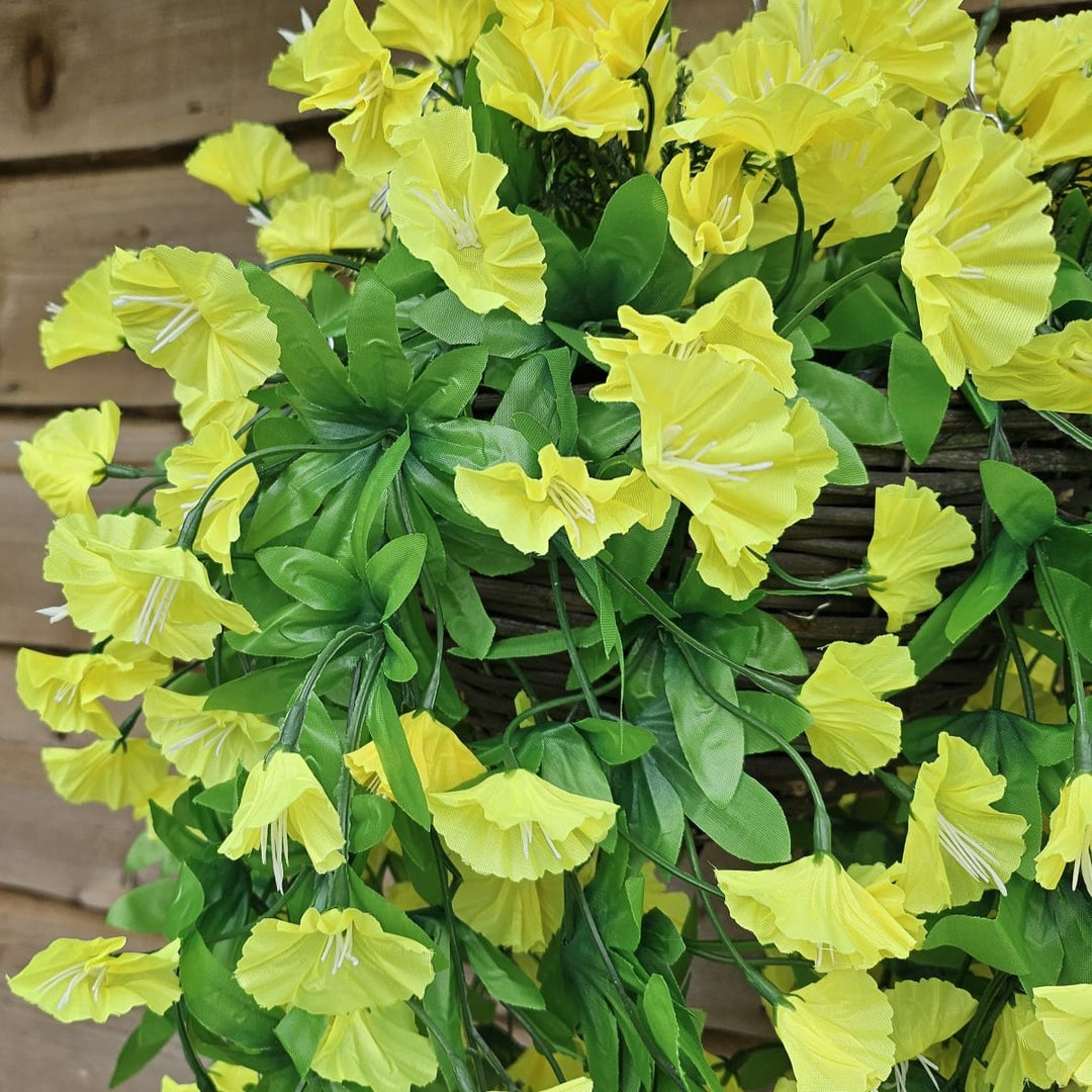 Best Artificial 75cm Morning Glory Flower Display in 10" Round Wicker Rattan Basket - Suitable for Indoor and Garden (Yellow)