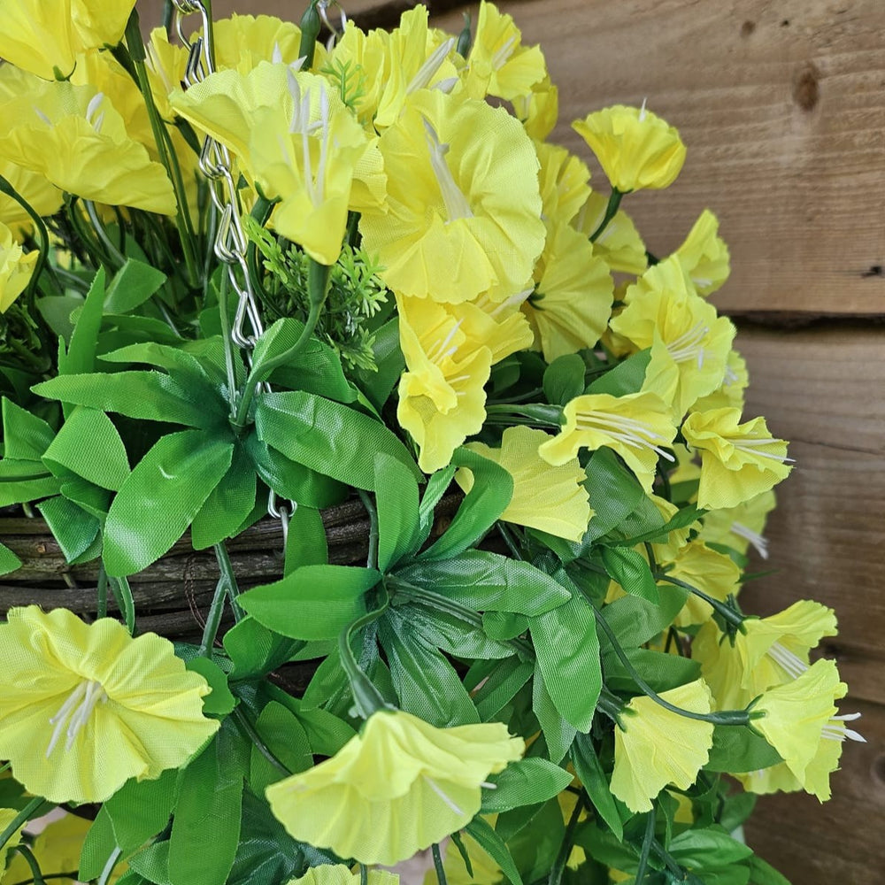 Best Artificial 75cm Morning Glory Flower Display in 10" Round Wicker Rattan Basket - Suitable for Indoor and Garden (Yellow)