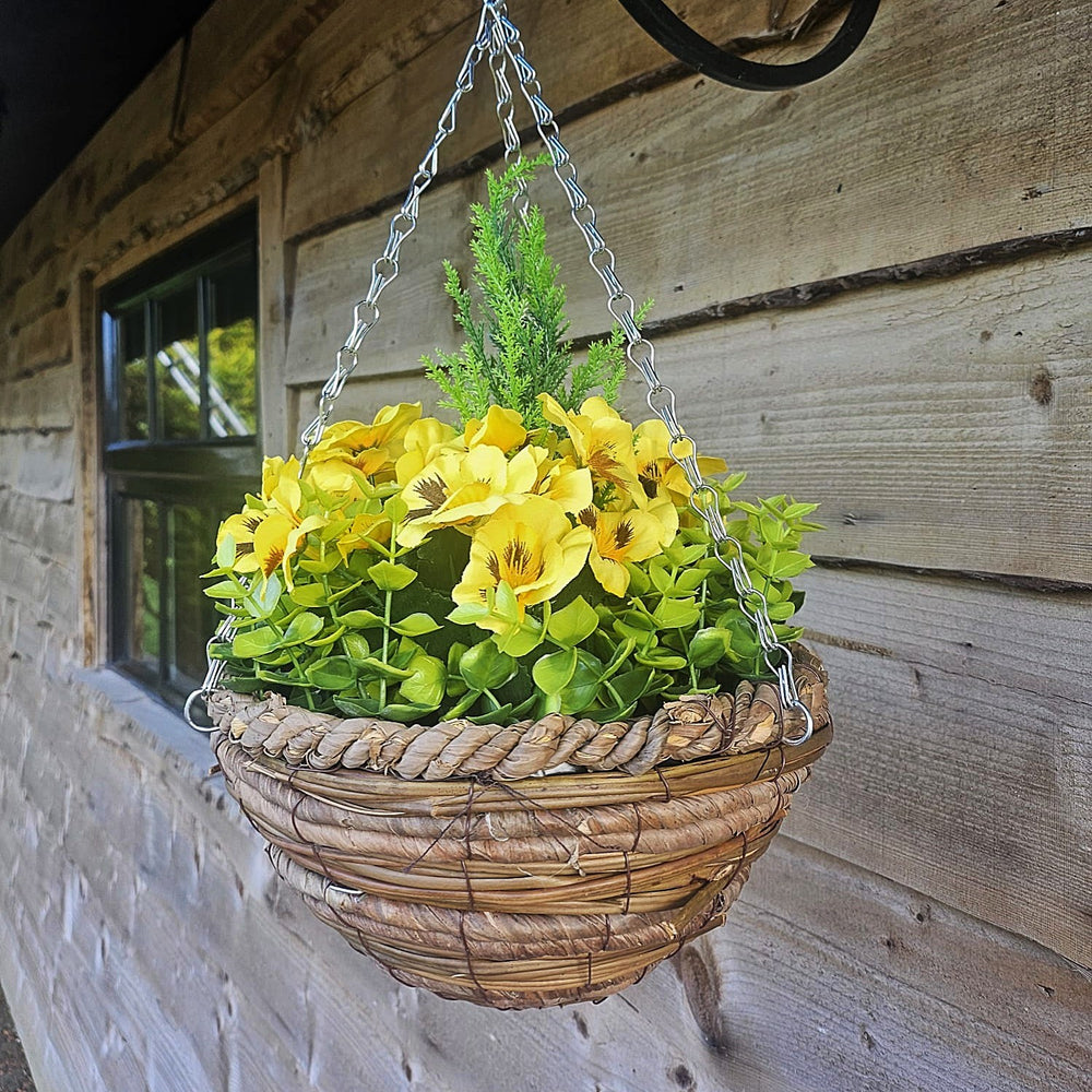 Best Artificial 10 Inch Yellow Pansy Spring Hanging Basket with Greenery and Conifer Centre