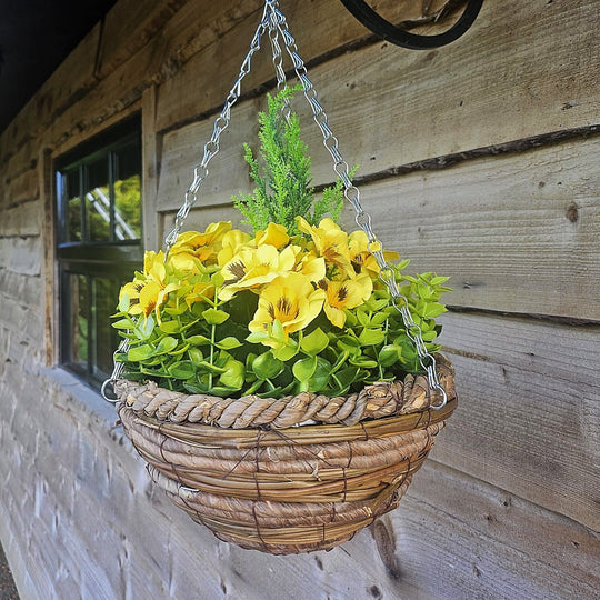 Pair of Best Artificial 10 Inch Yellow Pansy Spring Hanging Baskets with Greenery and Conifer Centre