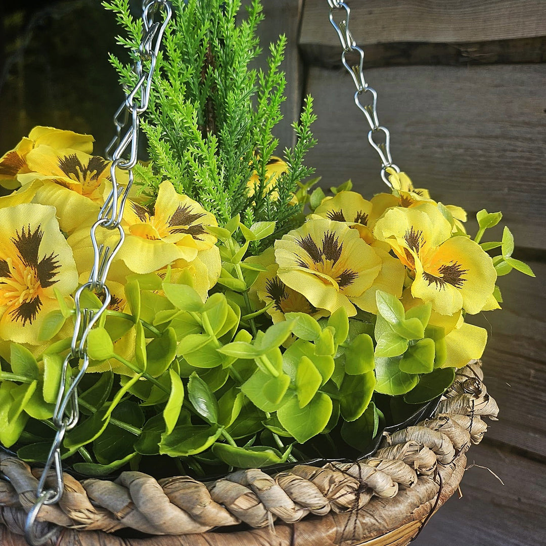 Pair of Best Artificial 10 Inch Yellow Pansy Spring Hanging Baskets with Greenery and Conifer Centre