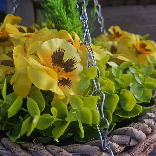 Pair of Best Artificial 10 Inch Yellow Pansy Spring Hanging Baskets with Greenery and Conifer Centre
