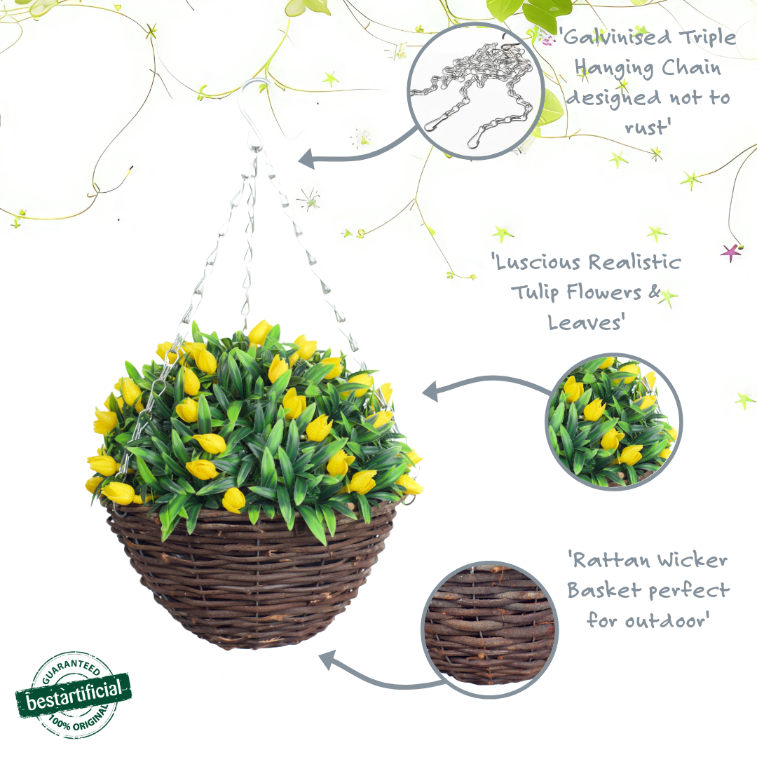 Best Artificial 28cm Tulip Flower Display in 10" Wicker Rattan Basket - Suitable for Outdoor, Indoor and Garden (Yellow)