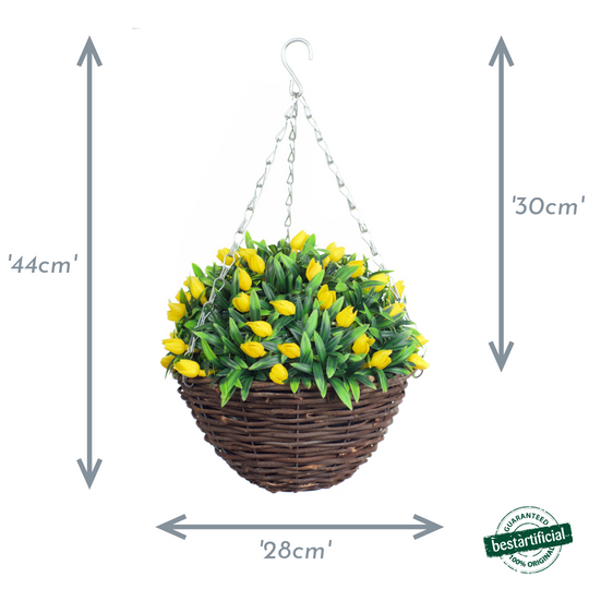 Best Artificial 28cm Tulip Flower Display in 10" Wicker Rattan Basket - Suitable for Outdoor, Indoor and Garden (Yellow)