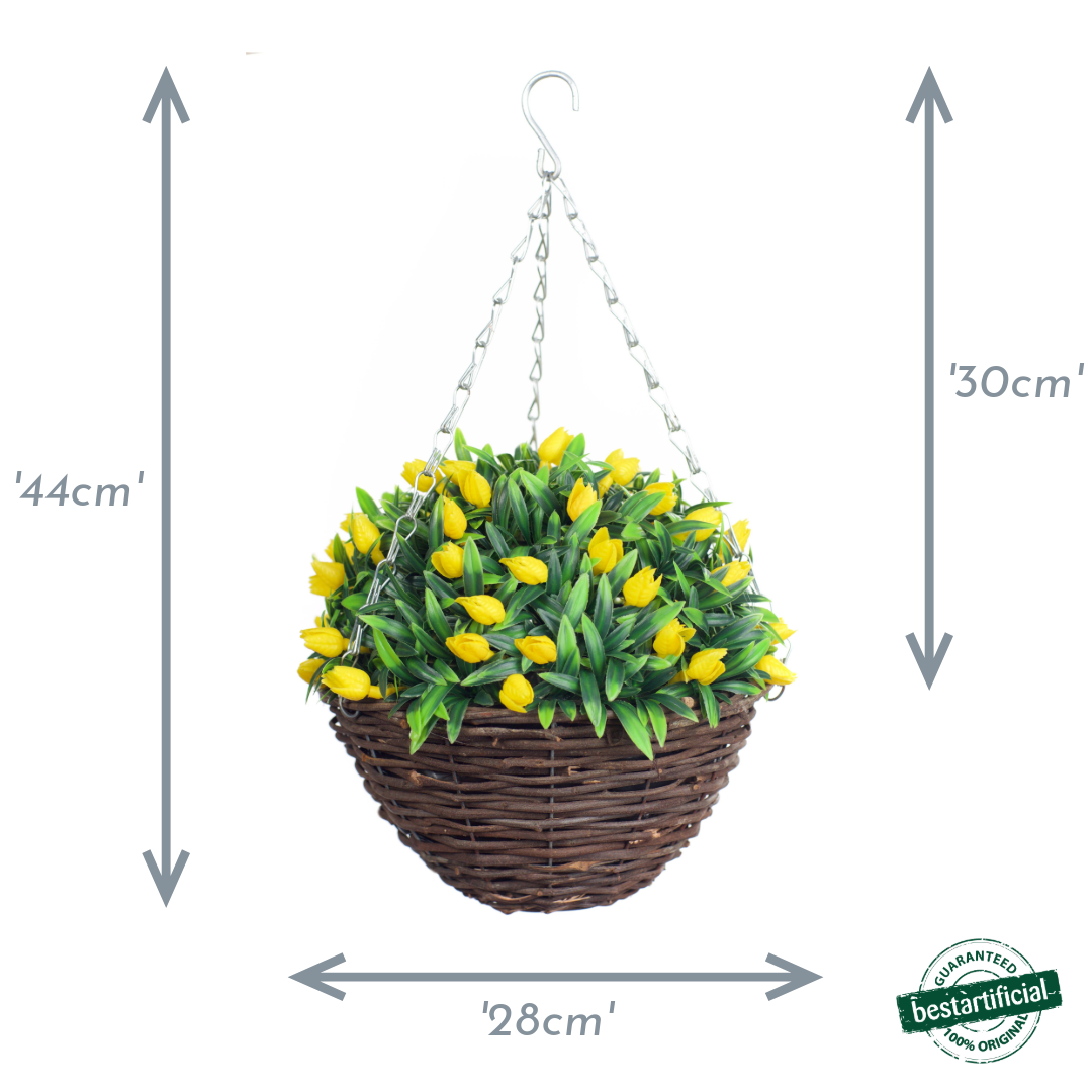 Best Artificial 28cm Tulip Flower Display in 10" Wicker Rattan Basket - Suitable for Outdoor, Indoor and Garden (Yellow)