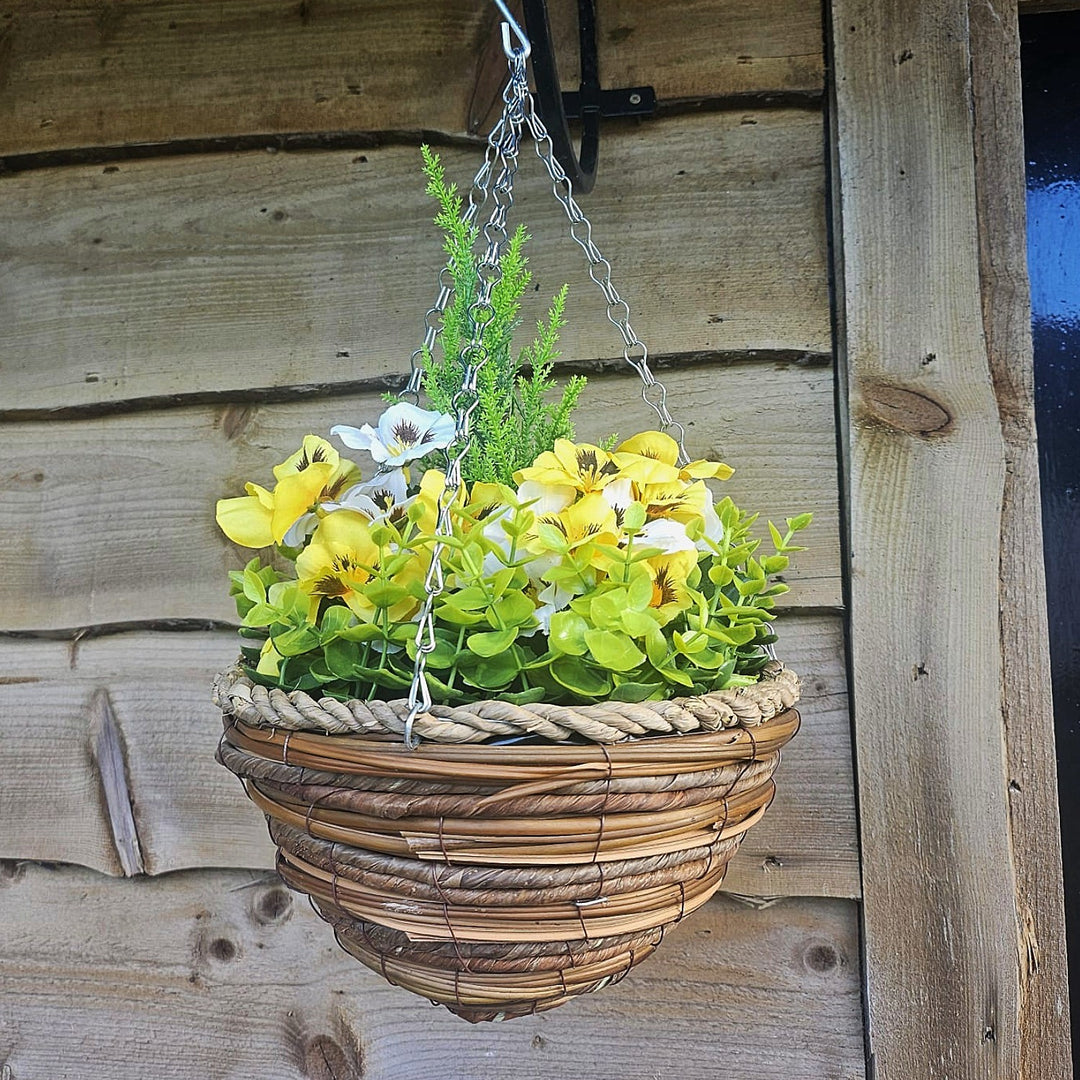 Pair of Best Artificial 10 Inch Yellow & White Pansy Spring Hanging Baskets with Greenery and Conifer Centre