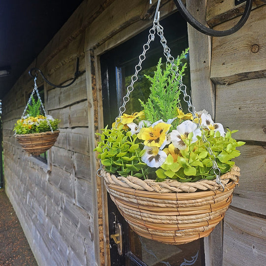 Pair of Best Artificial 10 Inch Yellow & White Pansy Spring Hanging Baskets with Greenery and Conifer Centre