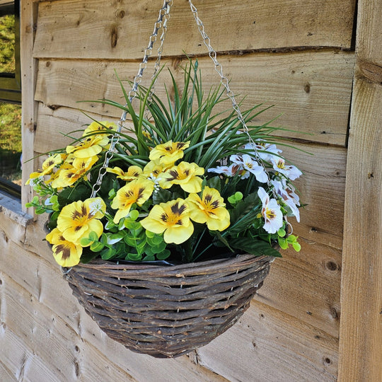 Best Artificial Yellow & White Pansy and Geranium Display in 14 inch Round Wicker Hanging Basket - Suitable For Outdoors