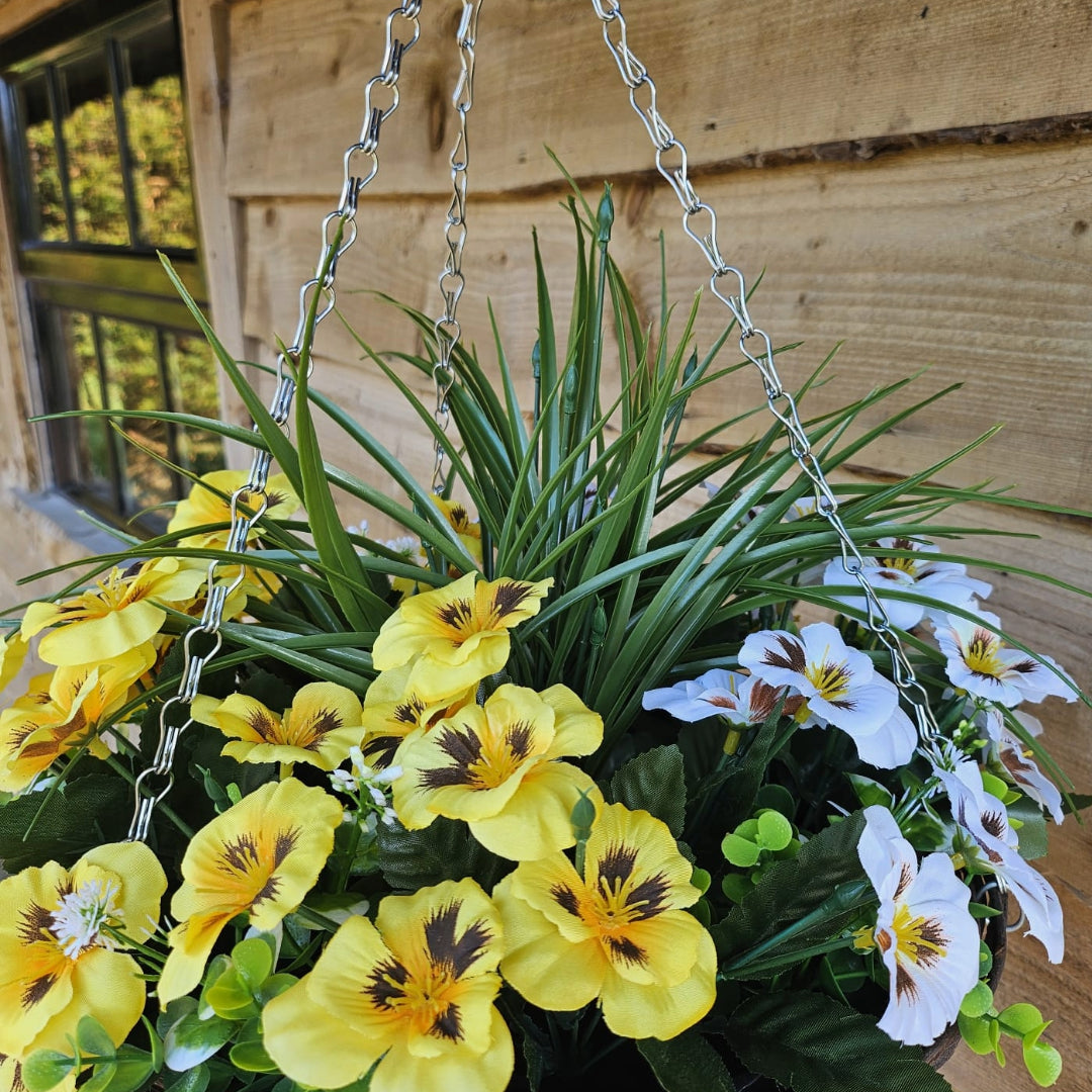 Best Artificial Yellow & White Pansy and Geranium Display in 14 inch Round Wicker Hanging Basket - Suitable For Outdoors