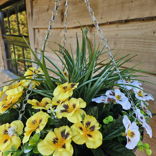 Best Artificial Yellow & White Pansy and Geranium Display in 14 inch Round Wicker Hanging Basket - Suitable For Outdoors