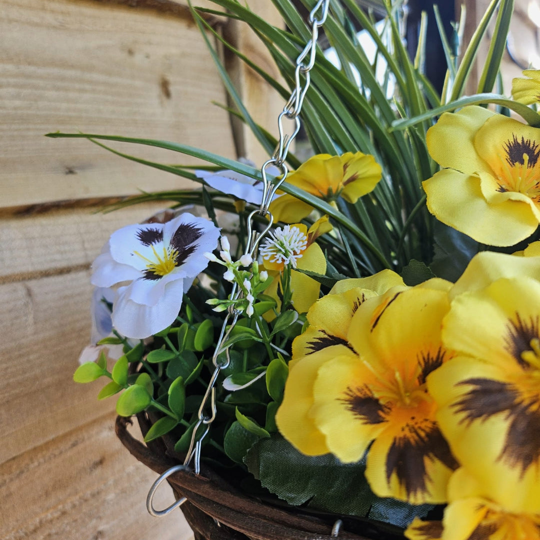 Best Artificial Yellow & White Pansy Display in 14 inch Round Wicker Hanging Basket - Suitable For Outdoors