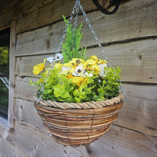 Pair of Best Artificial 10 Inch Yellow & White Pansy Spring Hanging Baskets with Greenery and Conifer Centre