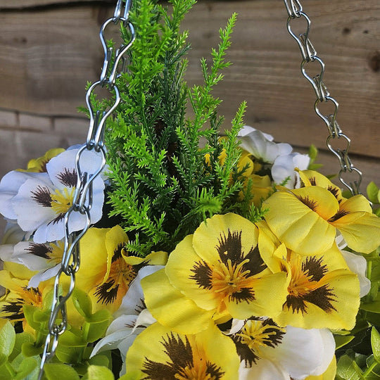 Pair of Best Artificial 10 Inch Yellow & White Pansy Spring Hanging Baskets with Greenery and Conifer Centre