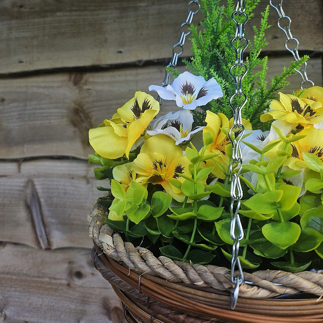 Pair of Best Artificial 10 Inch Yellow & White Pansy Spring Hanging Baskets with Greenery and Conifer Centre