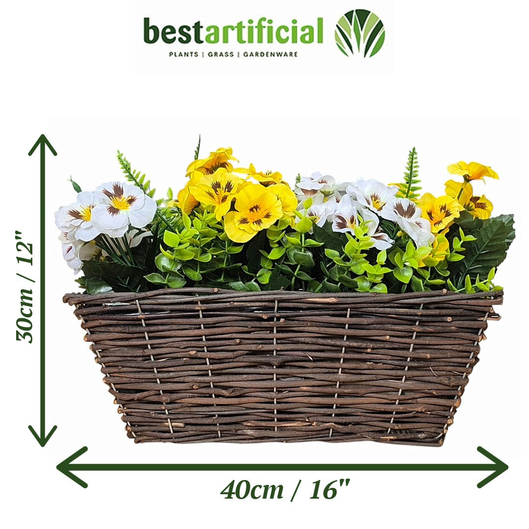Best Artificial Pre-Made 40cm Pansy Flower Arrangement in Rattan Wicker Trough Pot - Suitable For Outside Use