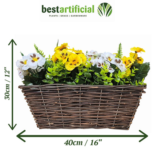 Best Artificial Pre-Made 40cm Pansy Flower Arrangement in Rattan Wicker Trough Pot - Suitable For Outside Use