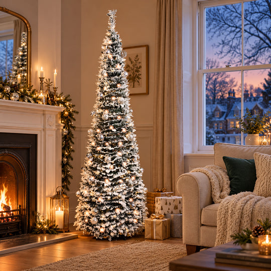 6ft frosted pop-up Christmas tree with warm white lights in a British living room