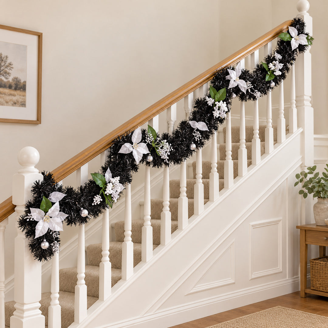 12ft Black and Silver 9ftBS Christmas garland, banister UK lifestyle, Unlit