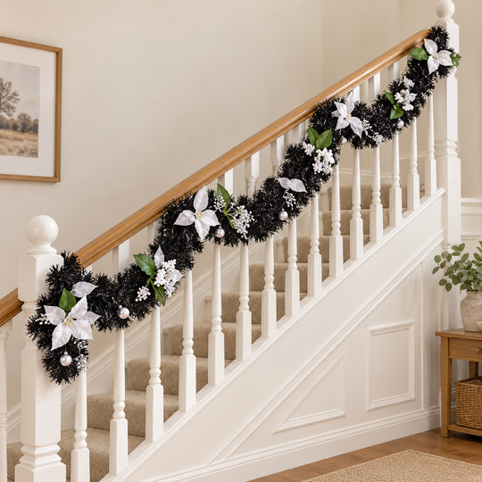 12ft Black and Silver 9ftBS Christmas garland, banister UK lifestyle, Unlit