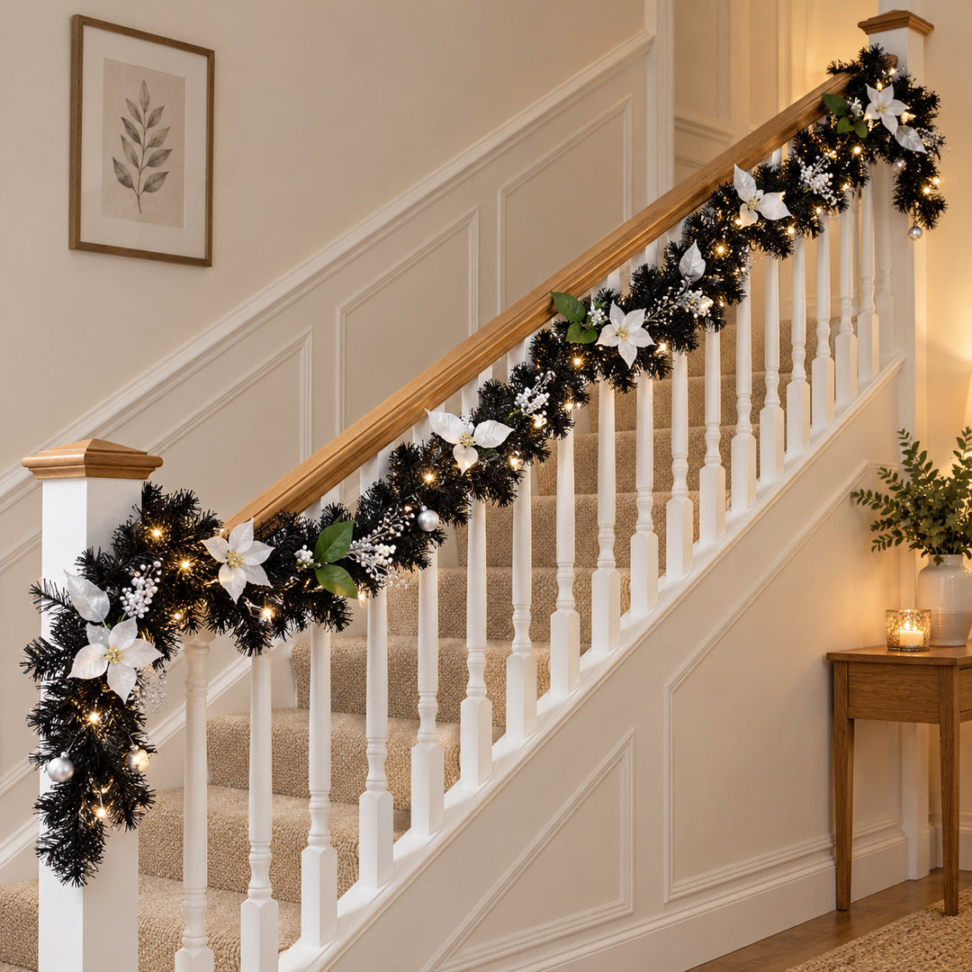 12ft Black and Silver 9ftBS Christmas garland, banister UK lifestyle, Warm White Lights