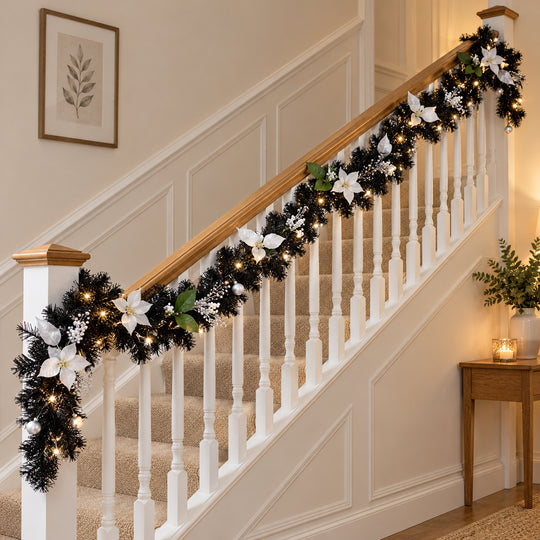 12ft Black and Silver 9ftBS Christmas garland, banister UK lifestyle, Warm White Lights