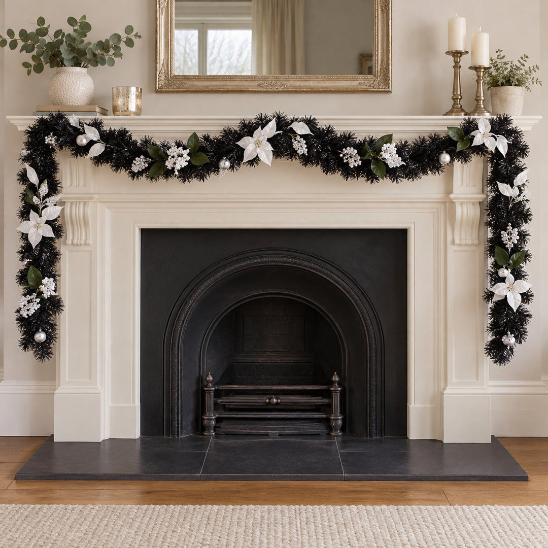 12ft Black and Silver 9ftBS Christmas garland, hearth UK lifestyle, Unlit