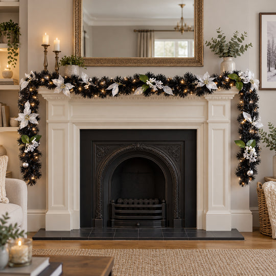 12ft Black and Silver 9ftBS Christmas garland, hearth UK lifestyle, Warm White Lights