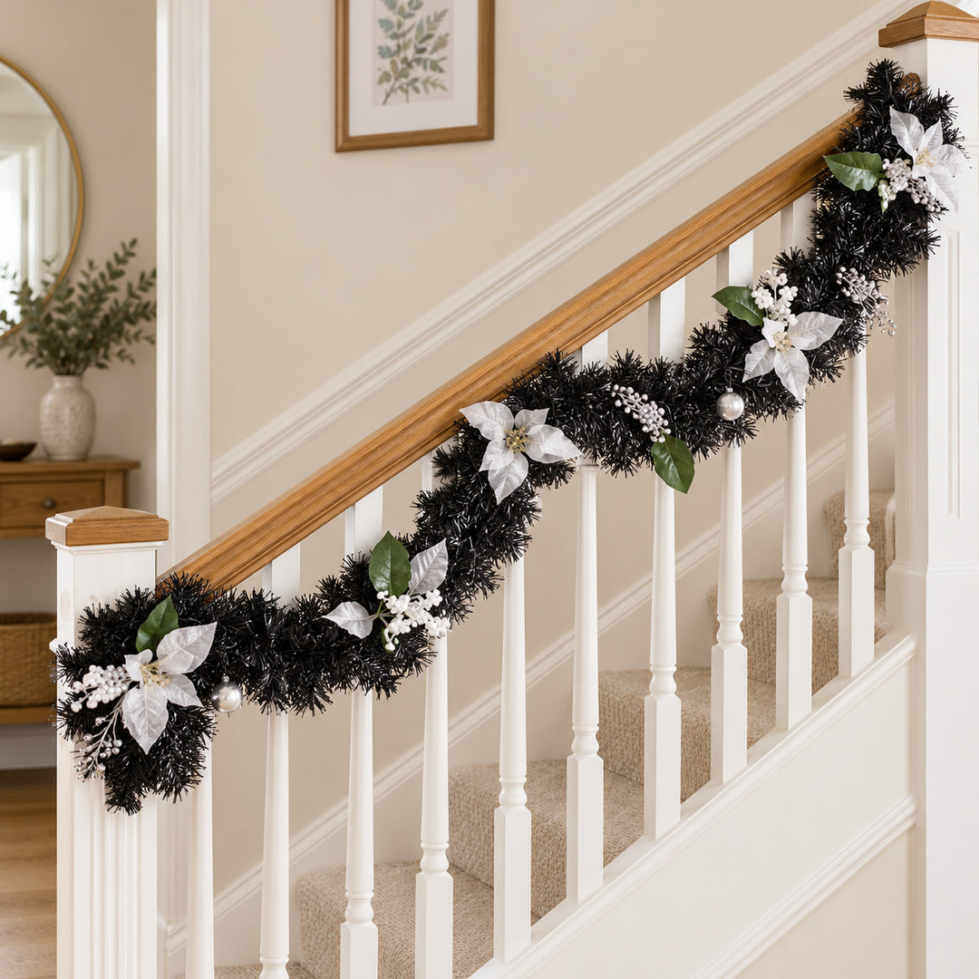 6ft Black and Silver 9ftBS Christmas garland, banister UK lifestyle, Unlit