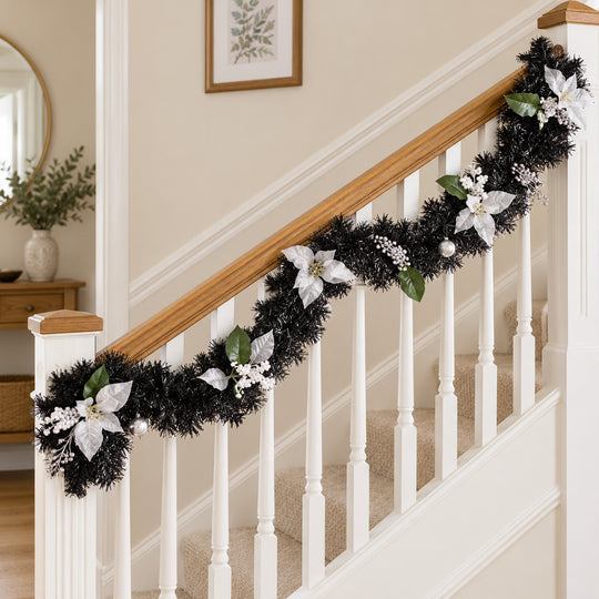 6ft Black and Silver 9ftBS Christmas garland, banister UK lifestyle, Unlit