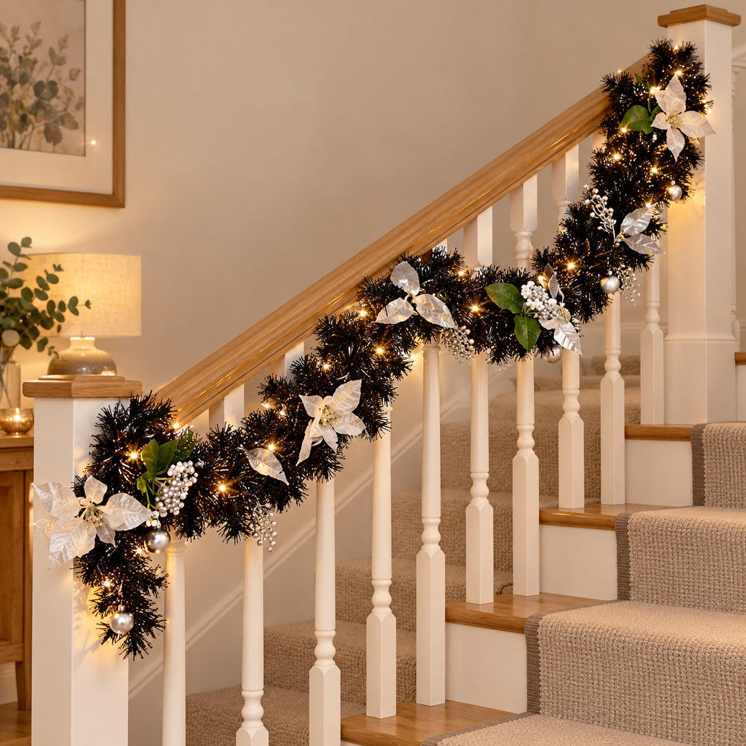 6ft Black and Silver 9ftBS Christmas garland, banister UK lifestyle, Warm White Lights