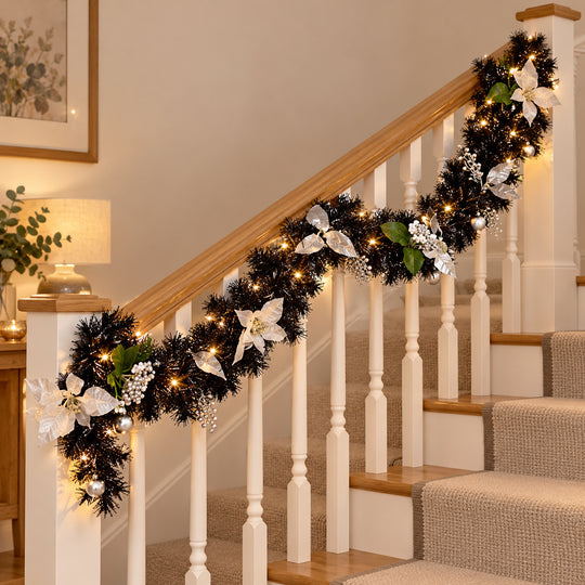 6ft Black and Silver 9ftBS Christmas garland, banister UK lifestyle, Warm White Lights