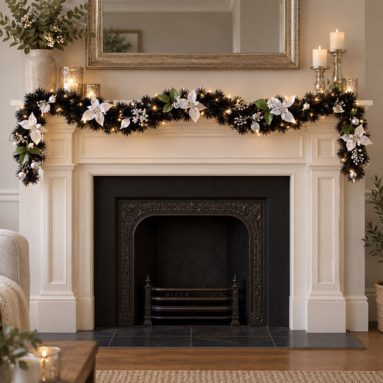 6ft Black and Silver 9ftBS Christmas garland, hearth UK lifestyle, Warm White Lights
