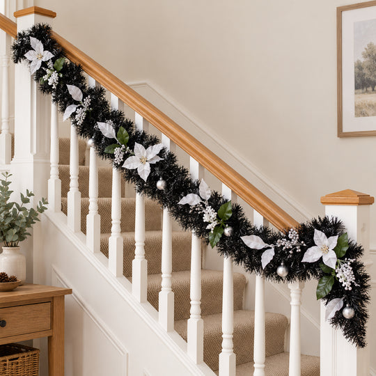 9ft Black and Silver 9ftBS Christmas garland, banister UK lifestyle, Unlit