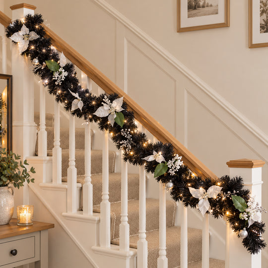 9ft Black and Silver 9ftBS Christmas garland, banister UK lifestyle, Warm White Lights