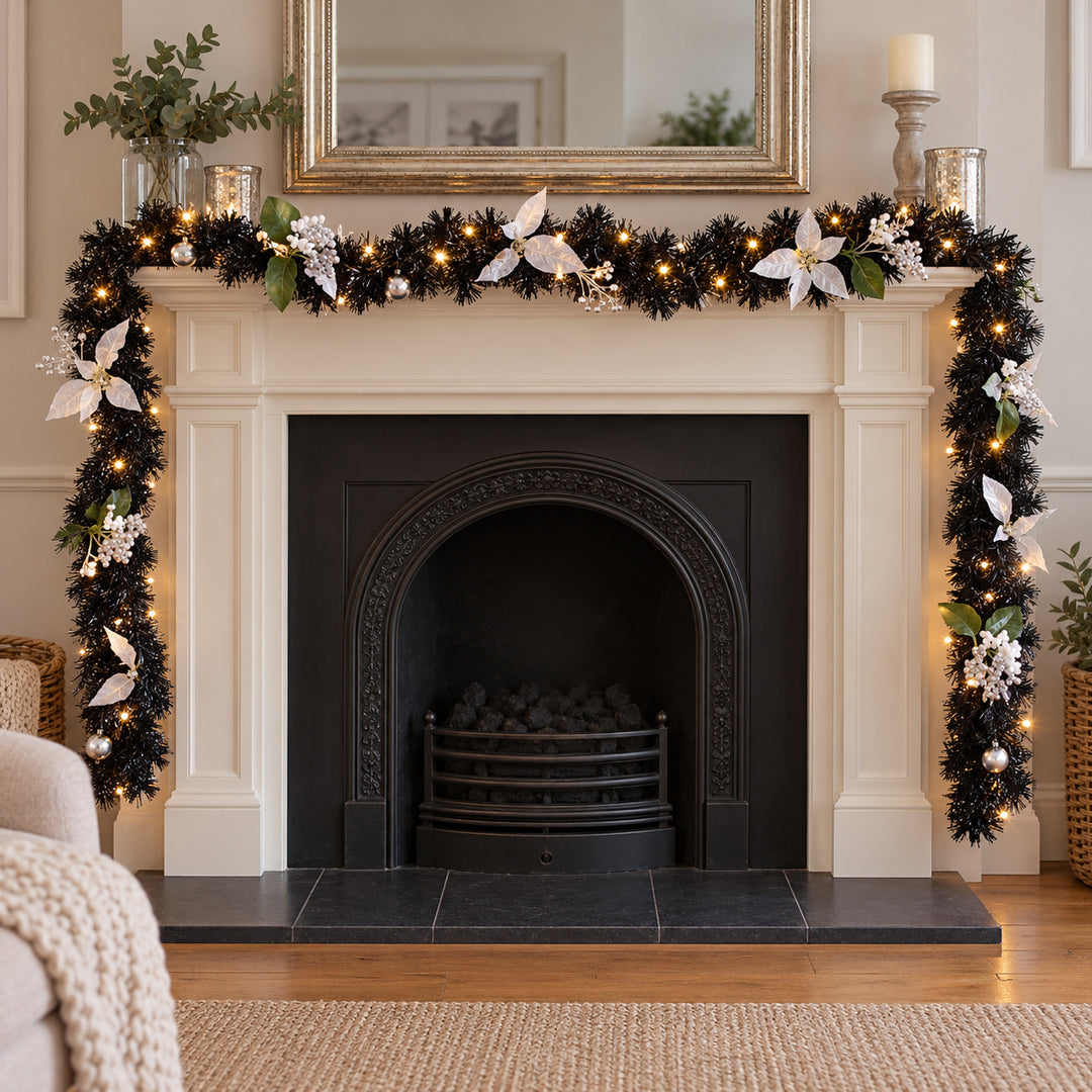9ft Black and Silver 9ftBS Christmas garland, hearth UK lifestyle, Warm White Lights
