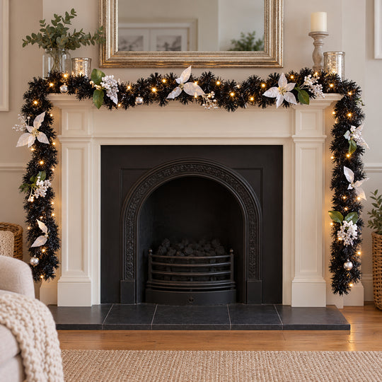 9ft Black and Silver 9ftBS Christmas garland, hearth UK lifestyle, Warm White Lights