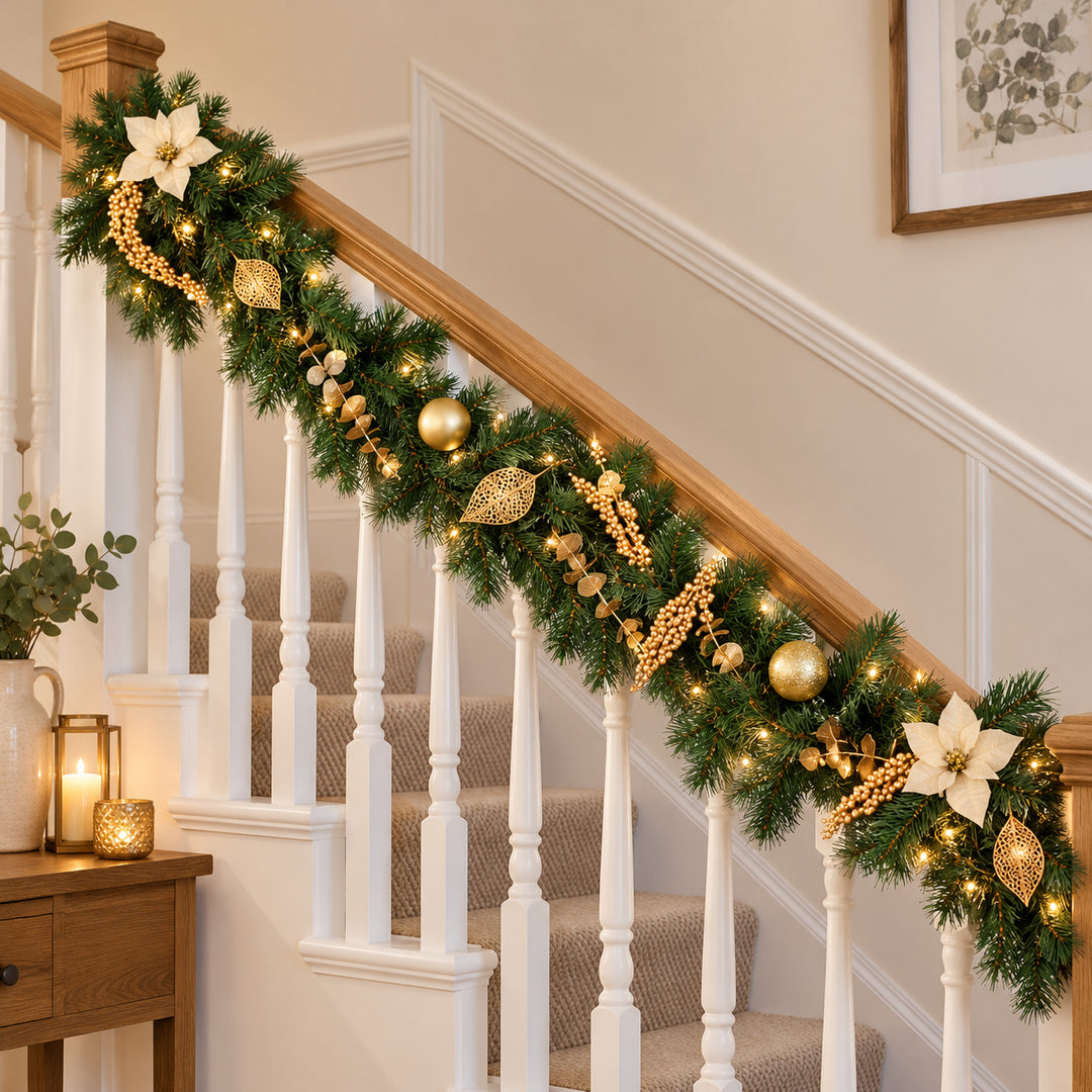6ft Cream and Gold WX2E5317 Christmas garland, banister UK lifestyle, Warm White Lights