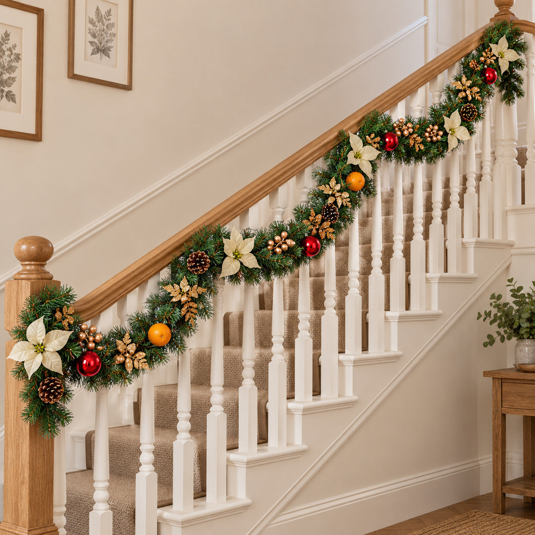 12ft Cream Red and Gold HL GG9 133G Christmas garland, banister UK lifestyle, Unlit