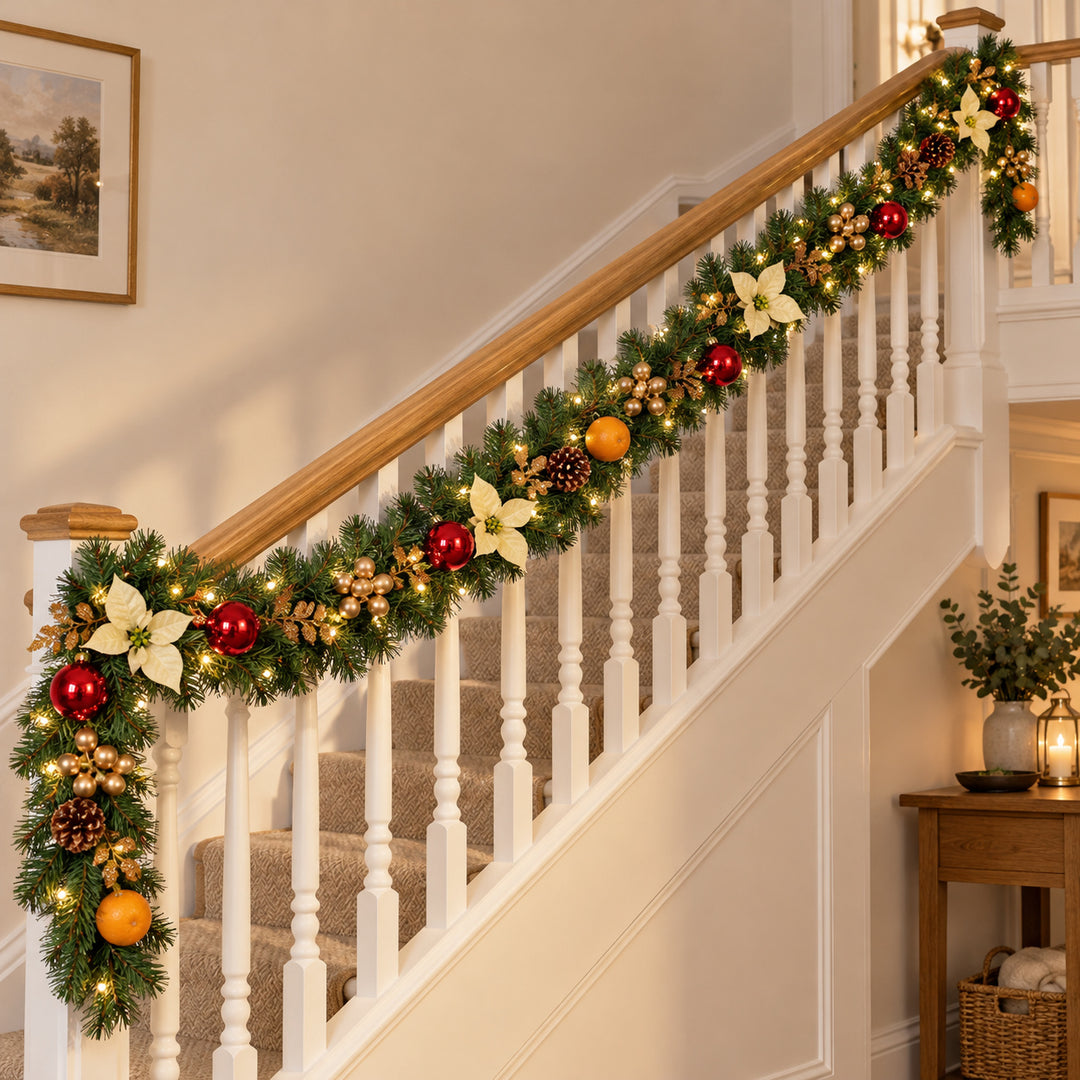 12ft Cream Red and Gold HL GG9 133G Christmas garland, banister UK lifestyle, Warm White Lights