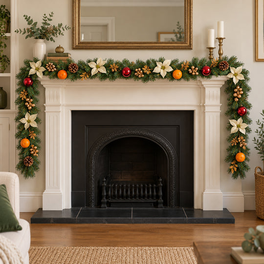 12ft Cream Red and Gold HL GG9 133G Christmas garland, hearth UK lifestyle, Unlit