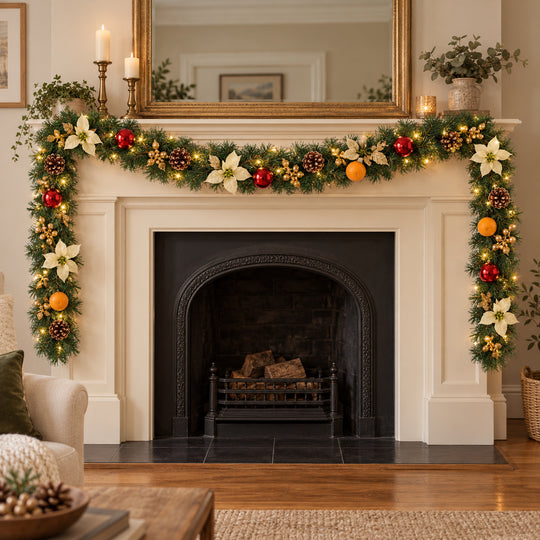 12ft Cream Red and Gold HL GG9 133G Christmas garland, hearth UK lifestyle, Warm White Lights
